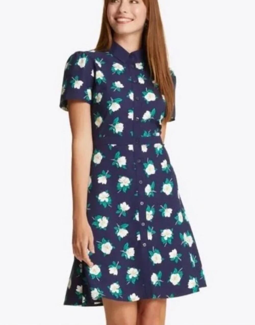 Draper James Faith Navy Magnolia Shirt Dress, Size 2 Short Sleeves Flowers